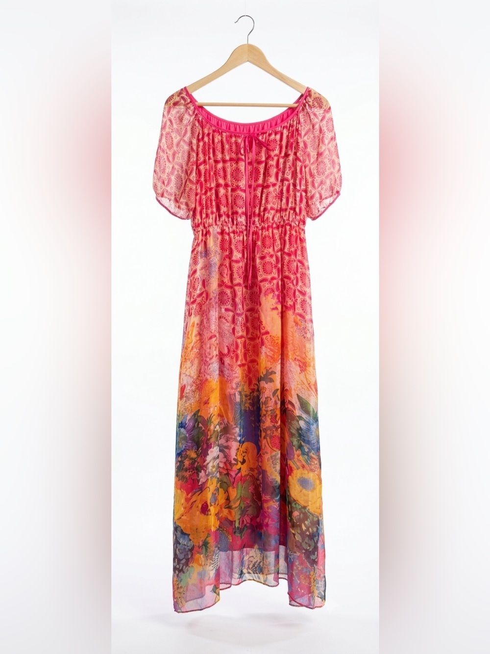 100% Silk Floral Maxi Dress LARGE Pink Orange Boho Romantic Puff Sleeve NWOT